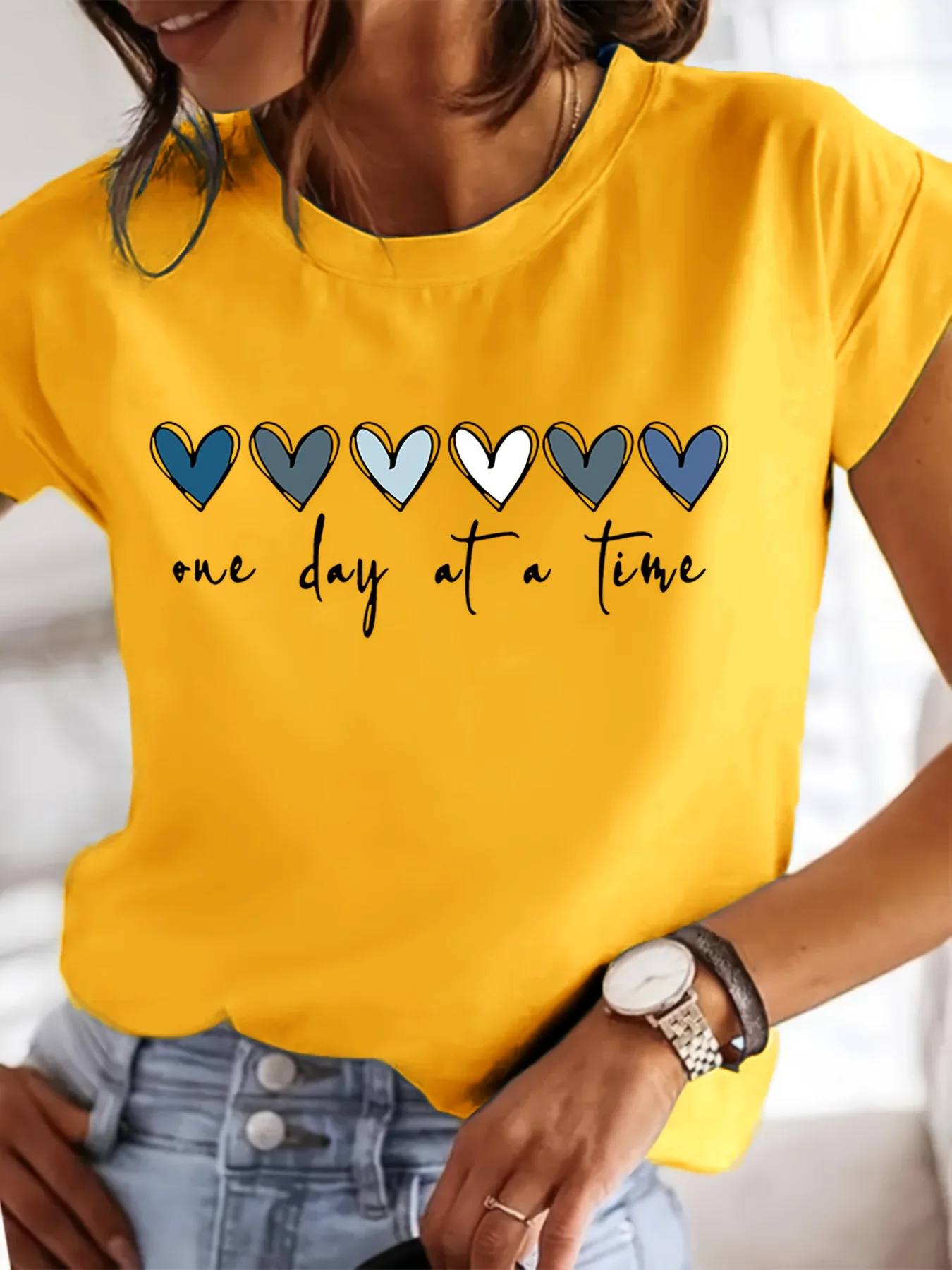 Women'S Casual Graphic T-Shirt - It'S One Day at a Time Heart Print, Short Sleeve Round Neck Top for Spring & Summer - Image 5