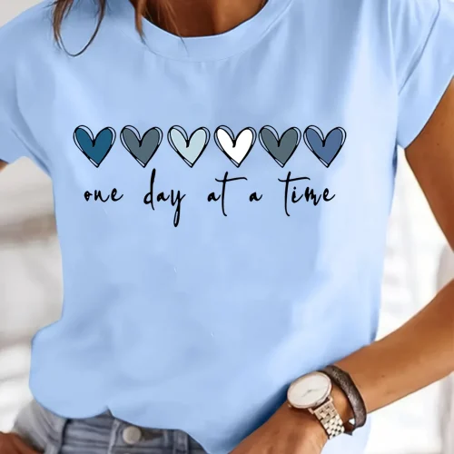 Women'S Casual Graphic T-Shirt - It'S One Day at a Time Heart Print, Short Sleeve Round Neck Top for Spring & Summer