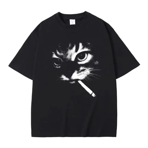 Funny Meme Smoking Cat Face Graphic T-shirts Men Women Casual Cotton Vintage T Shirts Men's Oversized T-shirts Cats Lovers Gifts