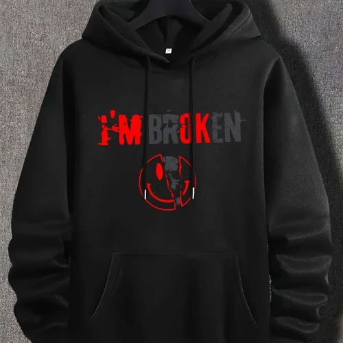 Men's "I'm Broken" Graphic Hoodie with Kangaroo Pocket Black Casual Streetwear for Fall Winter Warm and Comfortable