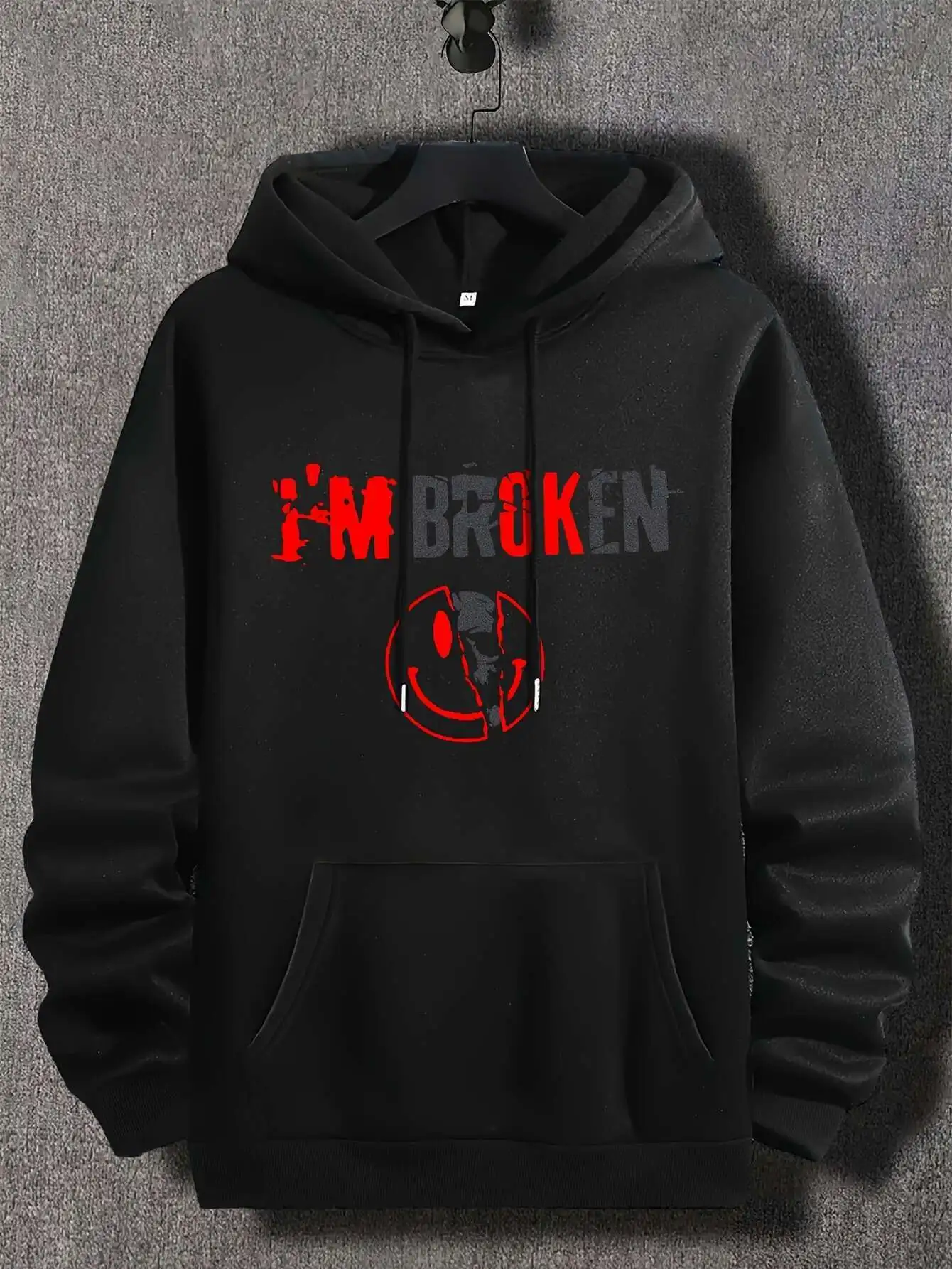 Men's "I'm Broken" Graphic Hoodie with Kangaroo Pocket Black Casual Streetwear for Fall Winter Warm and Comfortable