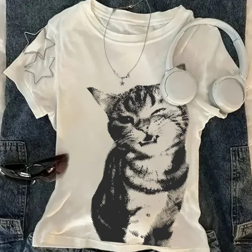 Summer Harajuku Letter Graphic T Shirts Y2k Tops Cat Print Women High Street Oversized T Shirt Streetwear Vintage Tee Clothing