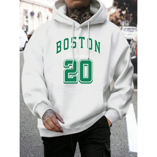 Boston City Print Men's Loose Fit Harajuku Style Warm Fleece Hoodie Vintage Autumn Top