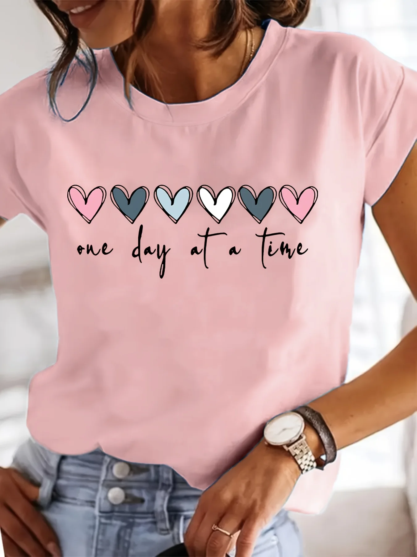 Women'S Casual Graphic T-Shirt - It'S One Day at a Time Heart Print, Short Sleeve Round Neck Top for Spring & Summer - Image 3