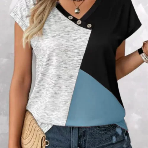 Color Block V Neck Button T-Shirt, Casual Short Sleeve T-Shirt For Spring & Summer, Women's Clothing