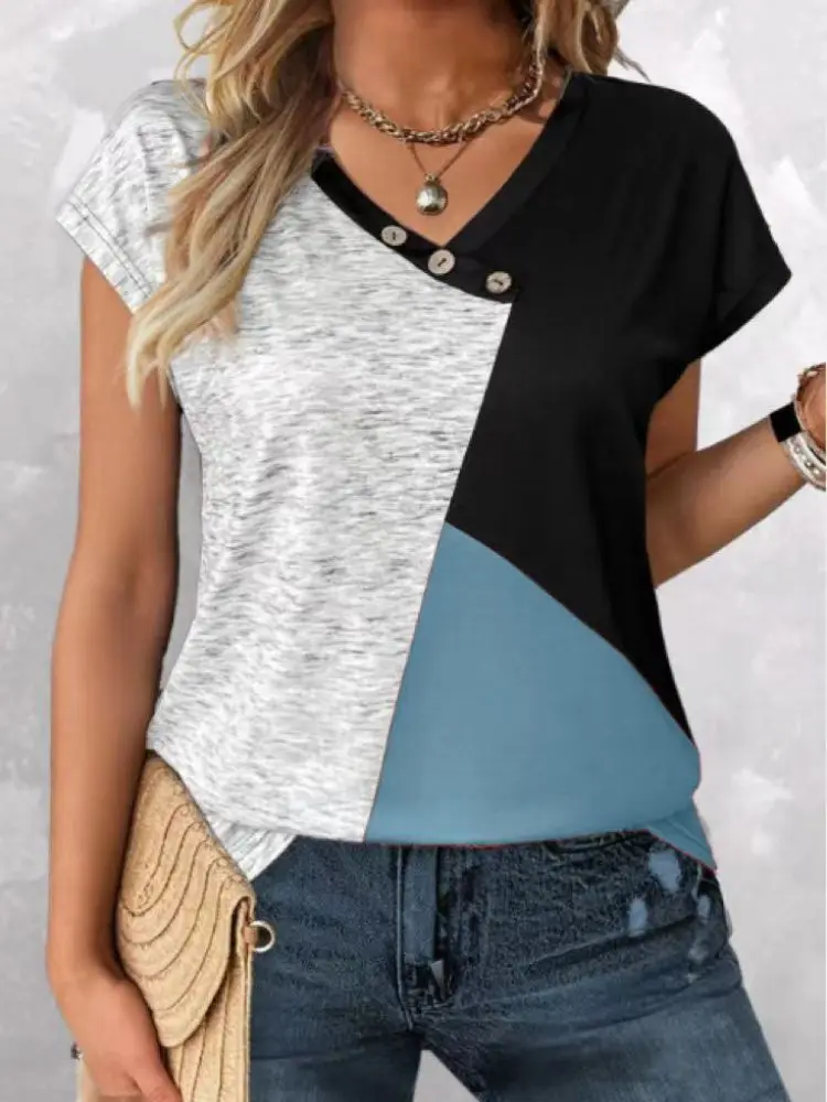 Color Block V Neck Button T-Shirt, Casual Short Sleeve T-Shirt For Spring & Summer, Women's Clothing