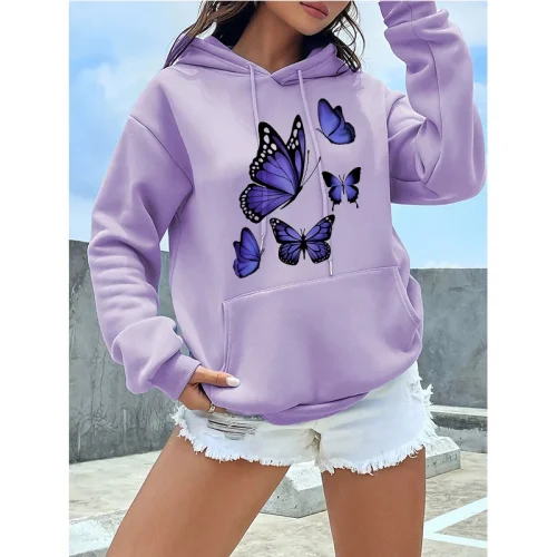 90s Graphic Dark Purple Butterfly Pattern Printed Hoodies Women's Vintage Y2k Sweatshirts Casual Hooded Clothes Kawaii Pullovers