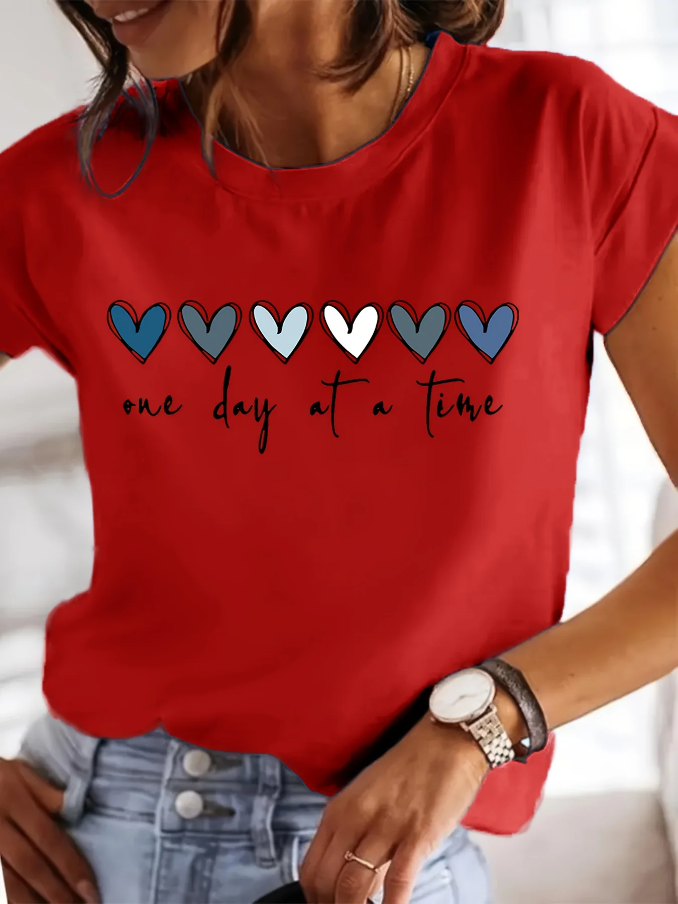 Women'S Casual Graphic T-Shirt - It'S One Day at a Time Heart Print, Short Sleeve Round Neck Top for Spring & Summer - Image 4