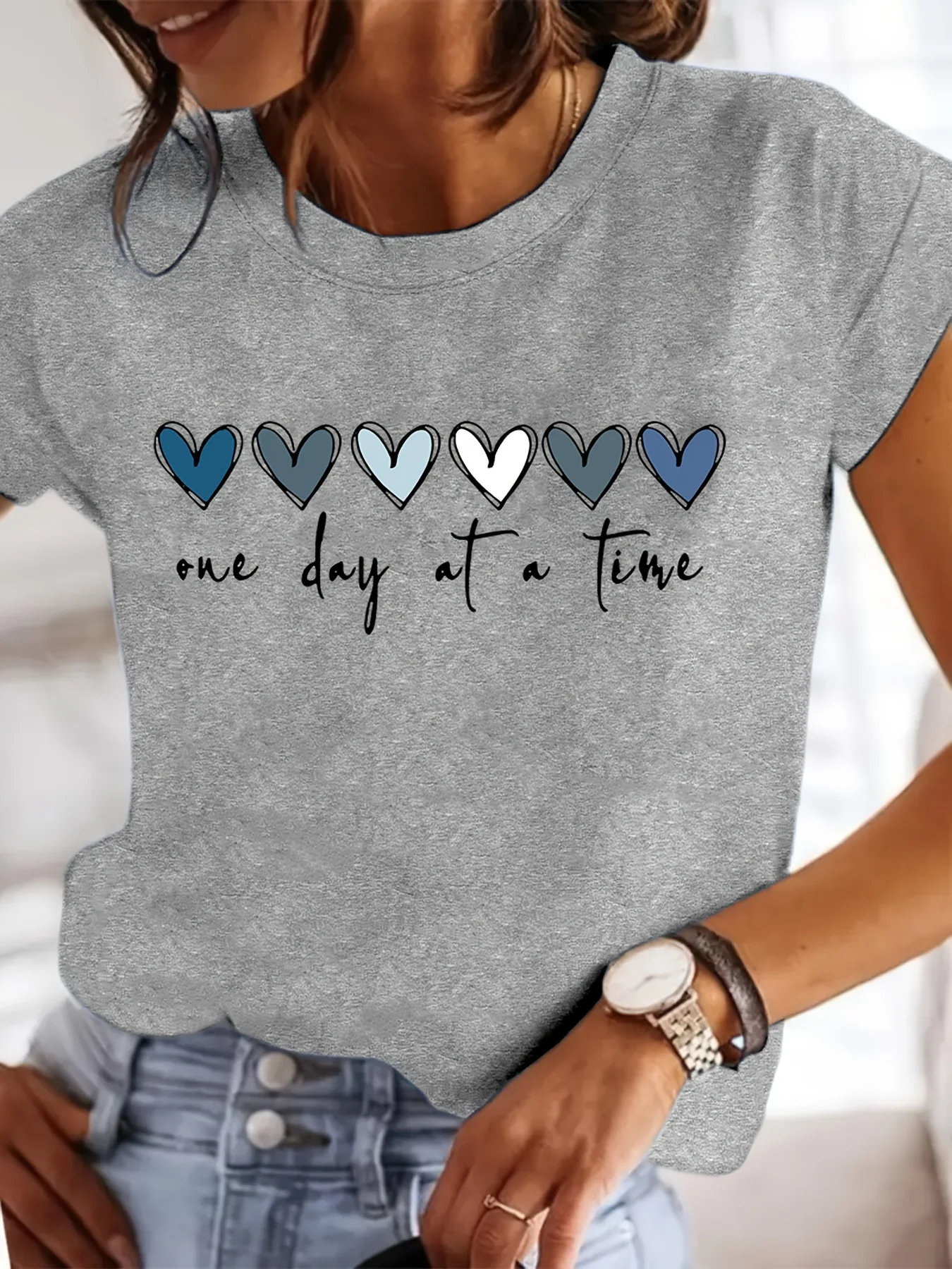 Women'S Casual Graphic T-Shirt - It'S One Day at a Time Heart Print, Short Sleeve Round Neck Top for Spring & Summer - Image 6