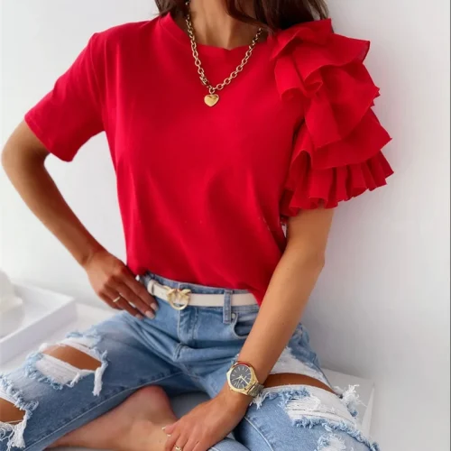 Women Summer Ruffles Short Sleeve Loose T Shirt Chic Elegant Solid O Neck Tops Casual Simple All Match Tee Streetwear Blouse